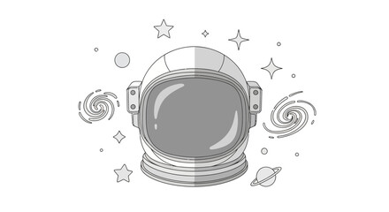 Minimalist outline illustration of an astronaut helmet in space. © Asmaul Husna