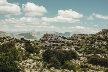 Eroded grey steep rock formations with some vegetation under a blue sky with some clouds. National Park of El Torcal de Antequera, Andalusia, Spain. © ysbrandcosijn