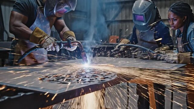 Skilled workers use plasma torches to meticulously cut intricate metal patterns in a bustling workshop environment