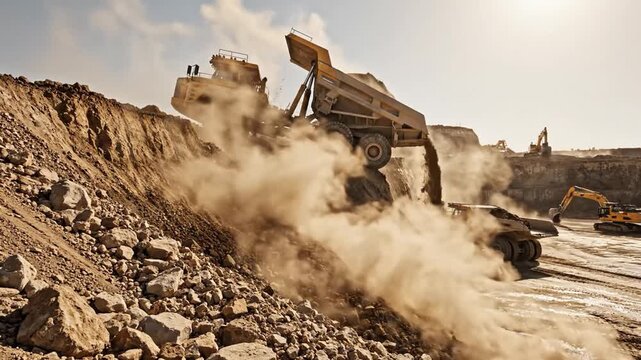 Massive yellow dump truck cascades earth into a vast excavation site during active mining operations
