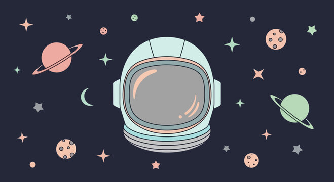 Minimalist vector illustration of an astronaut helmet in outer space.
