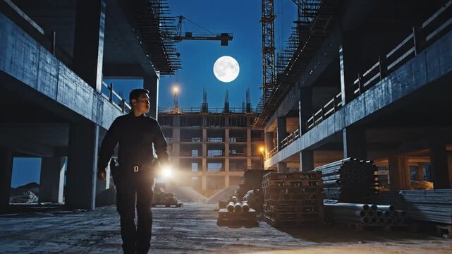 Security guard patrols a quiet construction site at night with a flashlight under the moonlit sky