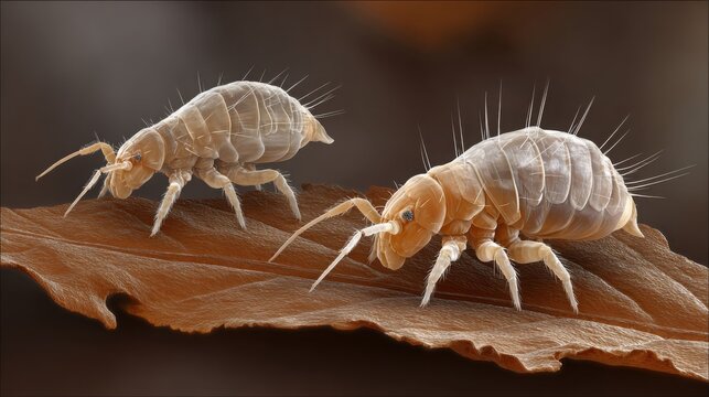 Two tiny, almost microscopic springtail mites explore a decaying brown leaf surface, revealing intricate details of their segmented bodies and spiky exoskeletons.
