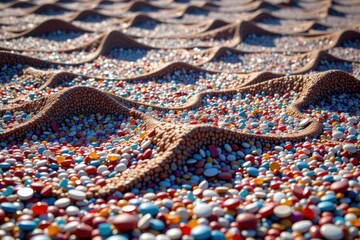 Obraz premium Colorful pebbles ripple across textured, wavy surfaces