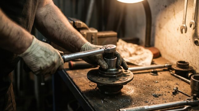 Skilled artisan grinding metal on a vintage workshop bench.