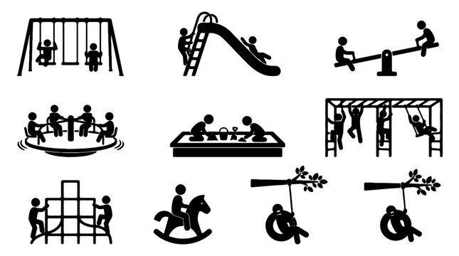 Playground icons, black silhouette playground equipment, kids' playset, park fun