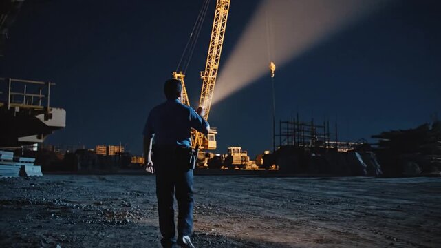 Security guard patrols dark construction site at night with flashlight examining scaffolding