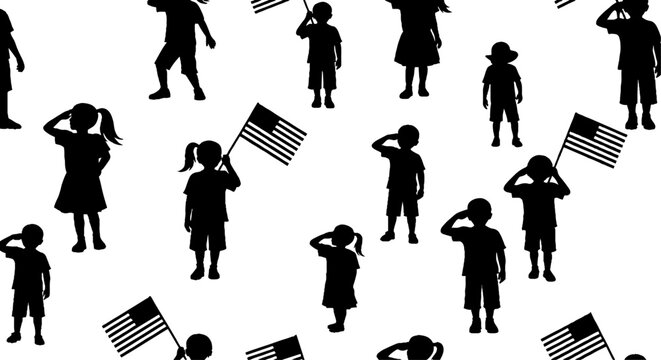Children saluting and holding american flags pattern