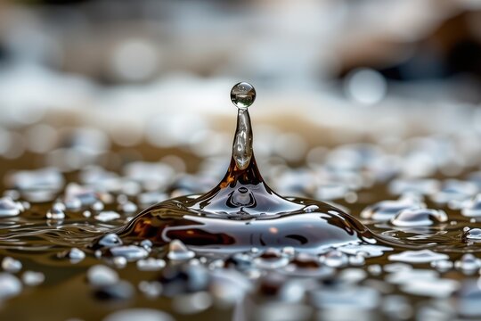 Water droplet splashes mid-air above a dark, wet surface