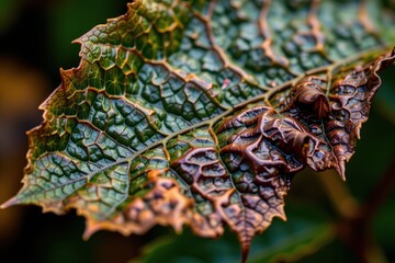Fototapeta premium Weathered leaf shows intricate veins and fading green