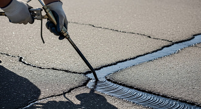 Worker repairing asphalt road crack with hot liquid bitumen sealant
