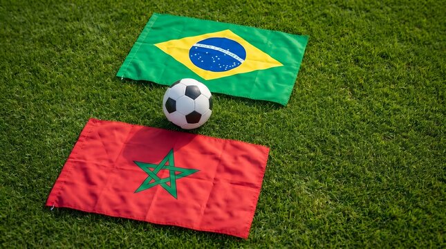 Brazil vs Morocco, Football Match Concept with National Flags and Soccer Ball on Green Grass, 13 June 2026