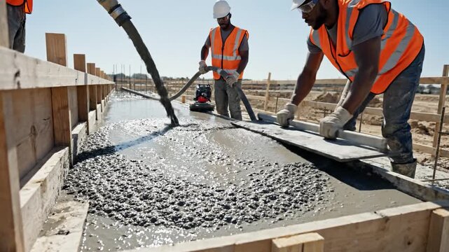 Construction workers pour concrete into wooden formwork on a sunny day at a building site, showcasing site development.