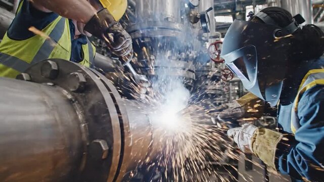 Skilled workers welding a large industrial pipe, sparks flying in a manufacturing facility