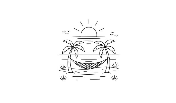 Minimal tropical sunset beach line art vector with hammock palm trees and ocean isolated on white background