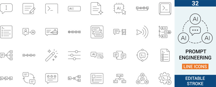 Prompt engineering vector line icon set. Featuring ai chatbot, automation, coding system and machine learning technology.
