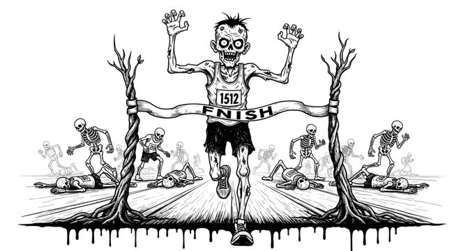 Zombie runner crosses the finish line in a race.