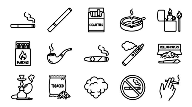 Smoking icons, cigarette symbols, no smoking signs, vector graphics, 20 elements