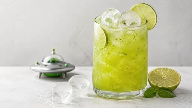 Refreshing Green Beverage with Ice and Lime Wedges Accompanied by a Playful UFO Decoration