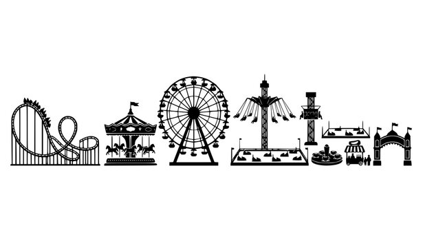 Carnival and amusement ride silhouette icons isolated on white