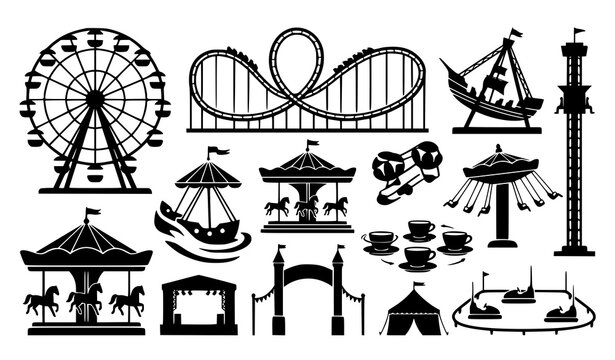 Black and white amusement park rides illustration set isolated on white background