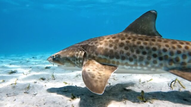 A close-up underwater view of a leopard shark swimming gracefully over a sandy seabed in clear blue ocean water, showcasing marine wildlife in its natural habitat.