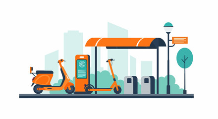 Fototapeta premium Electric Scooter and Moped Charging Station Illustration, Urban Micromobility Concept, Eco-Friendly City Transport Vector in Flat Style