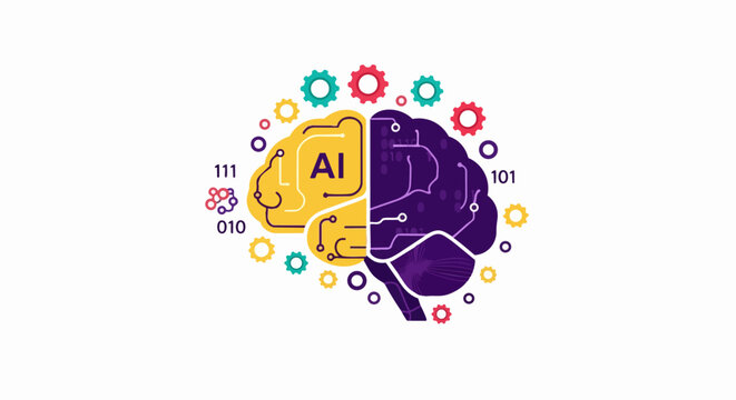 Artificial Intelligence Concept with Human Brain, Digital Circuitry, Binary Code, and Colorful Gears on White Background
