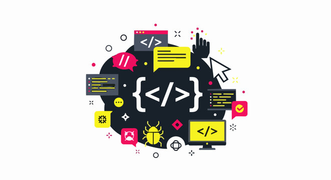Modern Software Development and Web Coding Concept Illustration with Digital Programming Icons, Code Brackets, and Tech Symbols on White Background