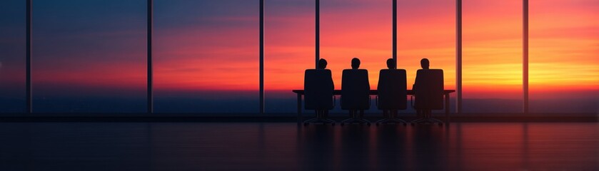 Fototapeta premium Sustainable finance esg investing boardroom sunset business meeting silhouette near window modern office skyline view with calm strategic