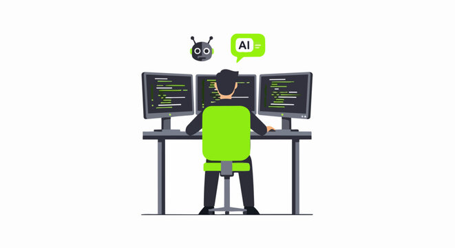 AI Assistant for Software Development and Coding - Programmer at Workstation with Three Monitors Flat Illustration