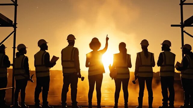 Silhouetted construction workers in hard hats and vests stand together against a vibrant rising sun at dawn, symbolizing teamwork and industry.
