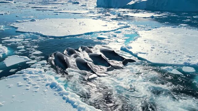 Pod of Narwhals Swimming Through Breaking Ice in Arctic Waters, Captured by Drone