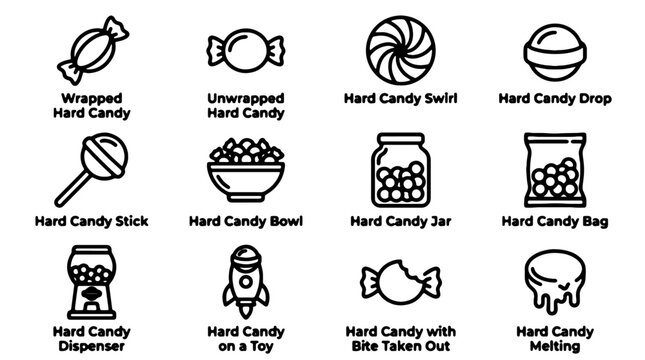 Hard Candy Icons, Vector Illustrations, Black and White, Sweet Treats, Food Symbols, 16 Icon Set