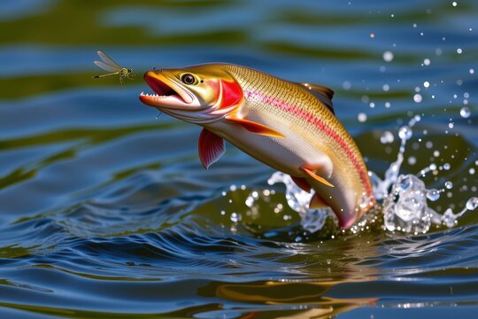 Trout leaps from water, mouth agape