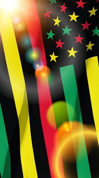 Waving Alternative Juneteenth Flag with Lens Flare. Since 1865. Design of Banner. Black history month. Vertical video for social media and stories.