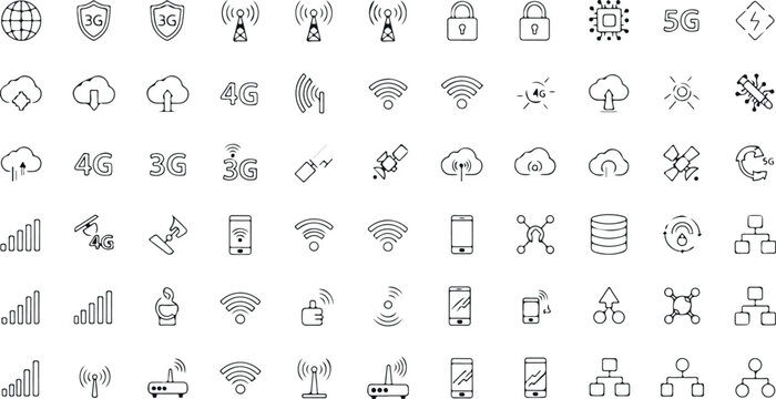 Wireless network and mobile technology line icons set including wifi signal 3G 4G 5G cloud connectivity antenna vector collection