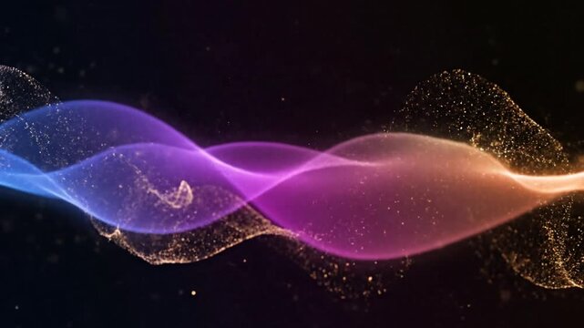 Abstract colorful wave flowing across dark background with particles.