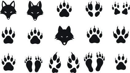 Fototapeta premium Wolf paw prints and head silhouette vector set with animal tracks isolated on light background for wildlife, hunting, forest, and nature design