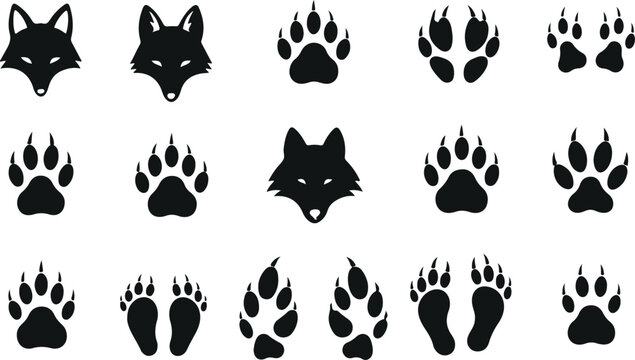 Wolf paw prints and head silhouette vector set with animal tracks isolated on light background for wildlife, hunting, forest, and nature design