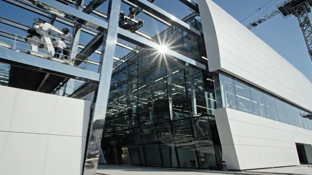Modern Architecture Under Construction: Gleaming Steel and Glass Facade Bathed in Sunlight