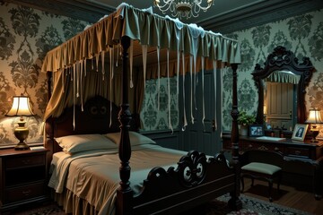 Fototapeta premium Grand four-poster bed dominates elegant, vintage bedroom