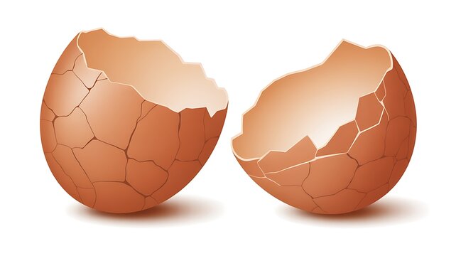 Cracked brown eggshell, broken egg halves, white background