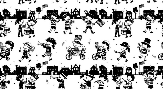 Children marching in a holiday parade seamless pattern
