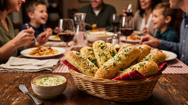 Garlic breadsticks in basket with family dinner in warm background lighting