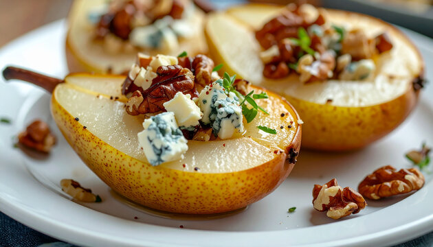 Baked pear with Dorblu cheese and nuts, delicious food, tasty culinary composition, appetizing cuisine concept. Close-up.