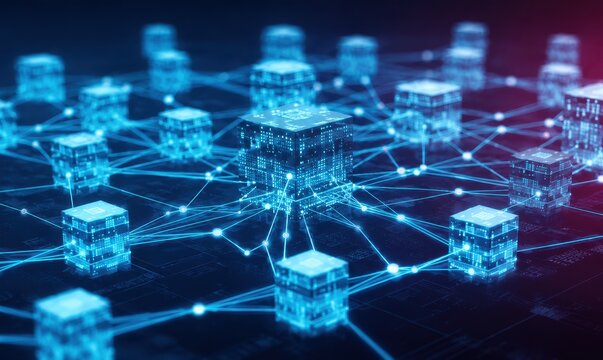 Abstract data center network with glowing blue connection lines and digital blocks representing cloud computing infrastructure for big data storage and global information transfer technology concept