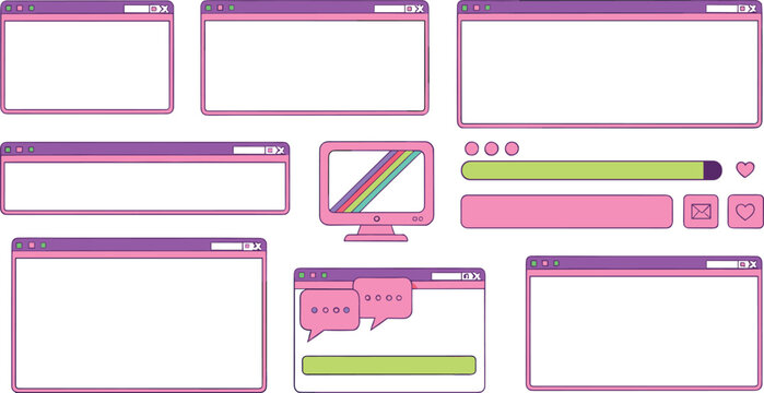 Cute user interface window and UI elements illustration set with browser frames, chat boxes, buttons, and progress bars in pastel flat style for web and app design