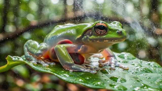Small transparent glass frog with orange belly rests on a wet green leaf, surrounded by rainforest ambiance.
