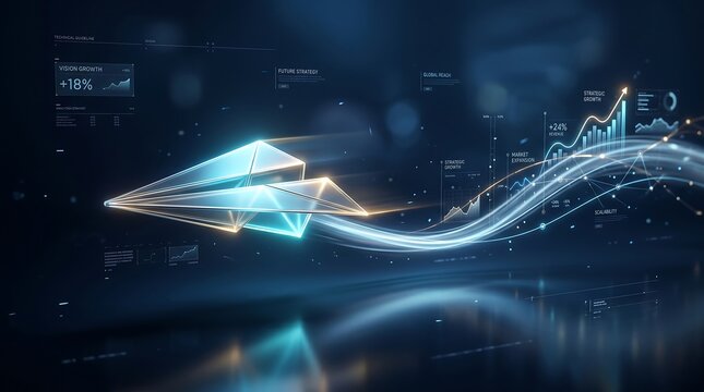 Paper airplane formed from geometric glowing light polygons flies across a data-rich background with ascending financial metrics to symbolize innovation, technological progress, and digital.